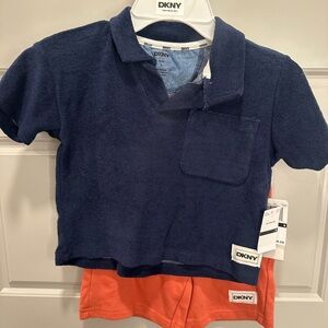 NWT DKNY Boys Two Piece Set Shorts Terry Polo Size 4 Orange Navy